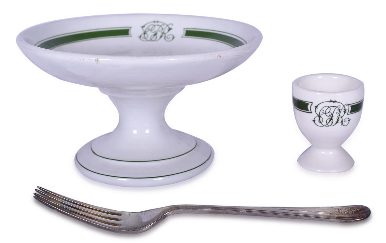8631 - Canadian Pacific Railway Green Band China Pedestal Compote, Egg Cup, and Silver Fork thumbnail