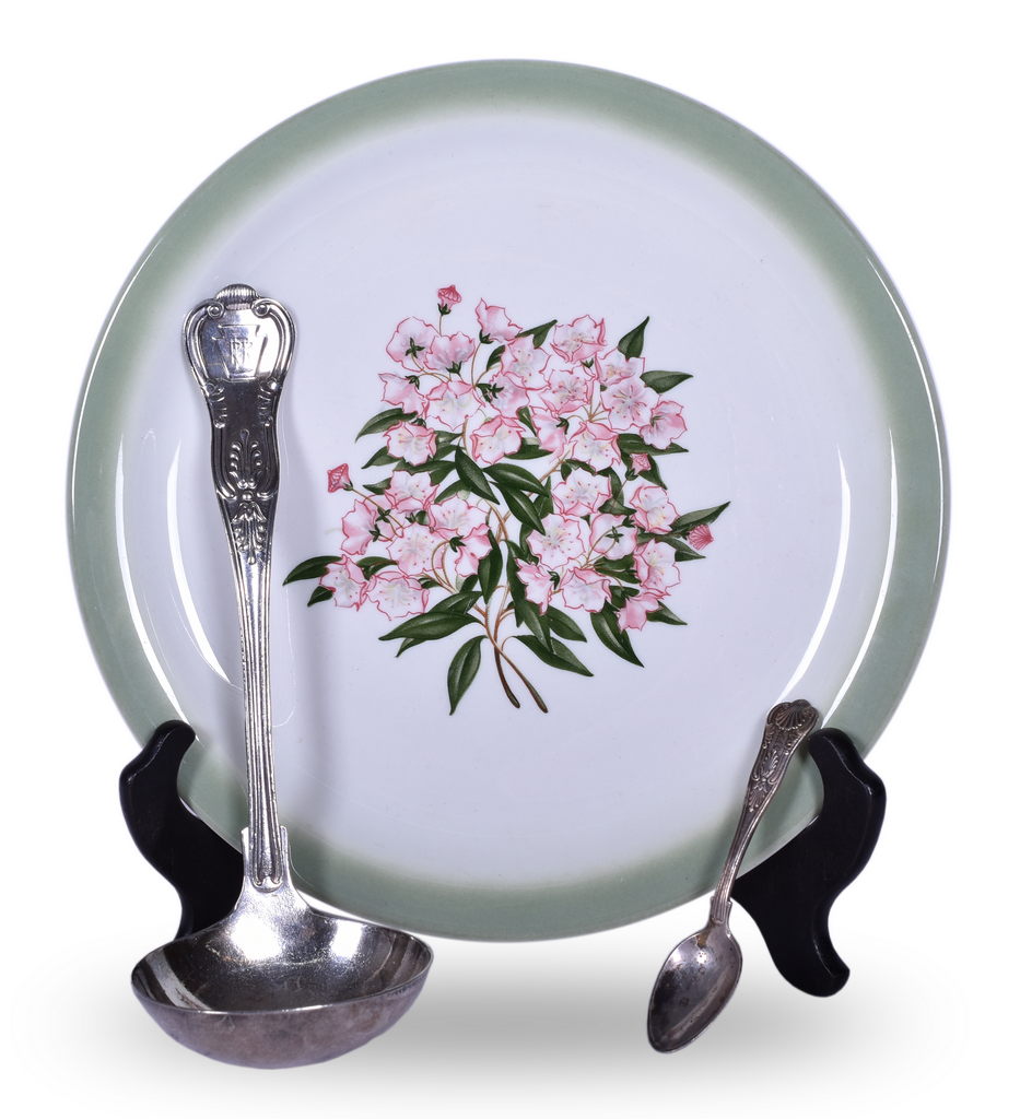 8637 - Three Pennsylvania Railroad Dining Car Items - Mountain Laurel Plate, Silver Ladle, and Teaspoon thumbnail