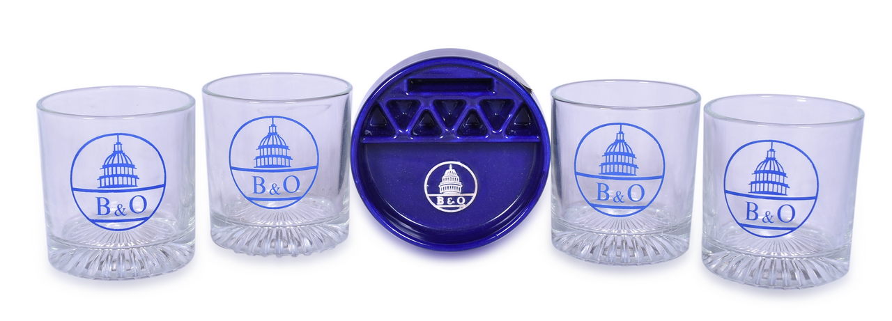 8639 - Baltimore & Ohio Railroad Cobalt Blue Snuff-A-Rette Ash Tray and Drinking Glasses thumbnail