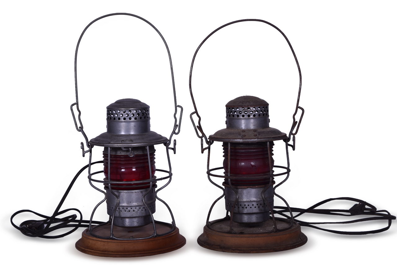 8640 - Pair of Adlake Pennsylvania Railroad Kero Lanterns w/ Red Fresnel Globe Modified Electric Lamps thumbnail