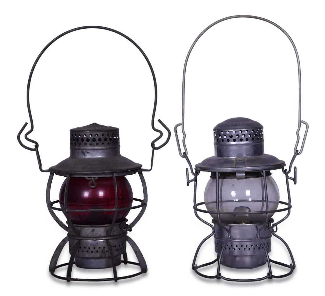 8642 - Pair of Pennsylvania Railroad Lanterns - Unfired Adlake Kero Clear Short Globe Lantern and Dressel Red Short Globe Lantern thumbnail