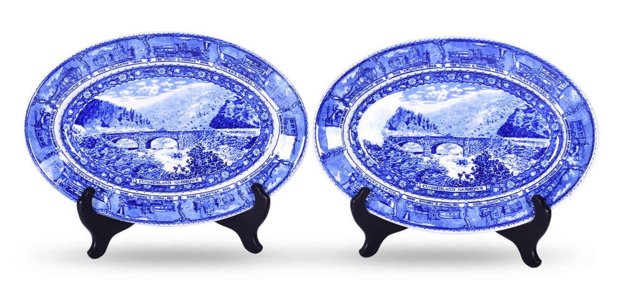 8645 - Two Baltimore & Ohio Railroad China Centenary Cumberland Narrows Oval Platters 11 3/4
