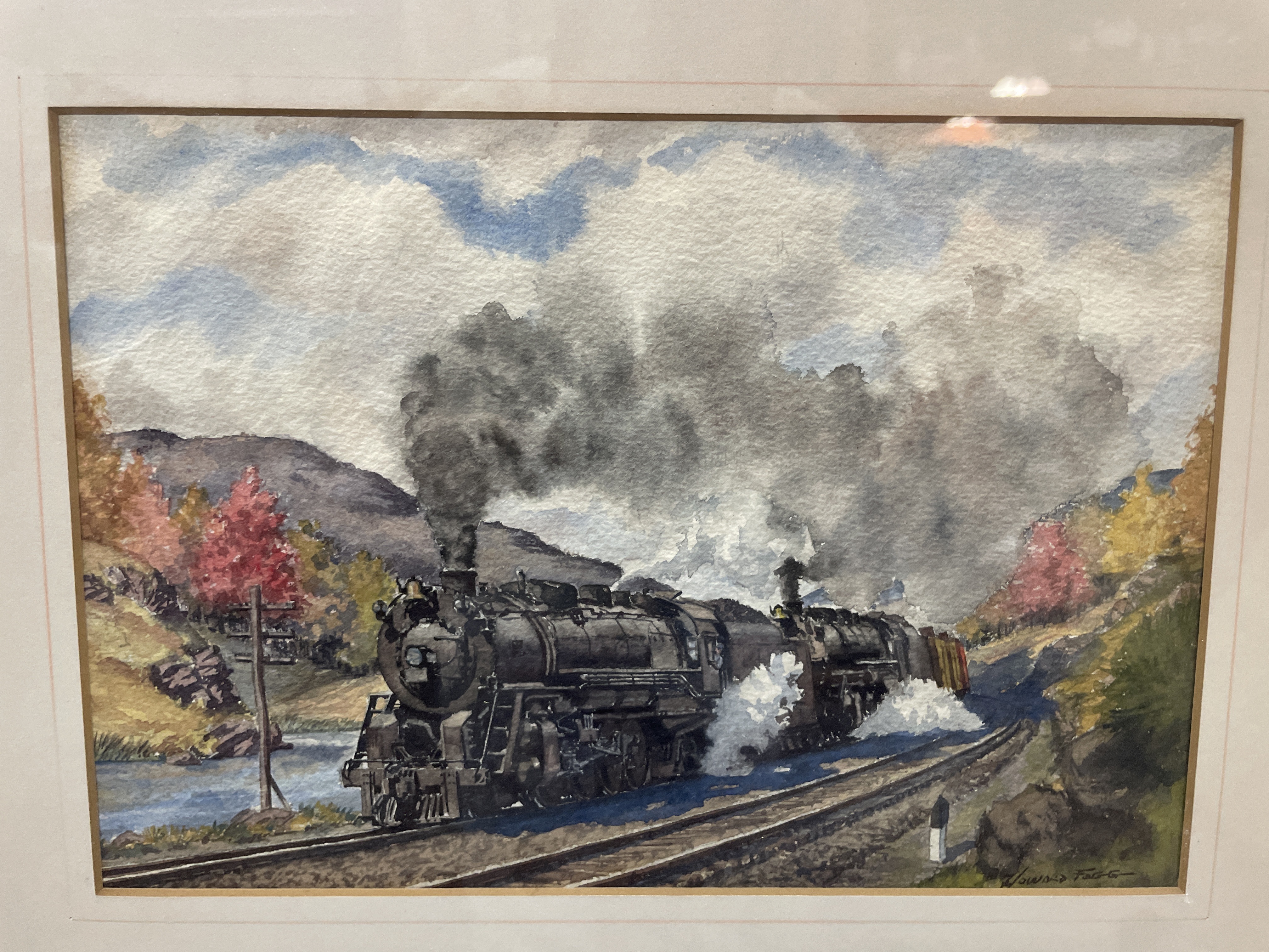 8450 - Original Howard Fogg Watercolor Railroad Painting - Double Headed Steam Locomotives thumbnail