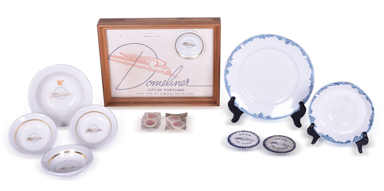 1011 - Eleven Union Pacific Railroad Dining Car Items - Winged Streamliner and Harriman Blue China, Bottle Caps, and Paper Doilies thumbnail