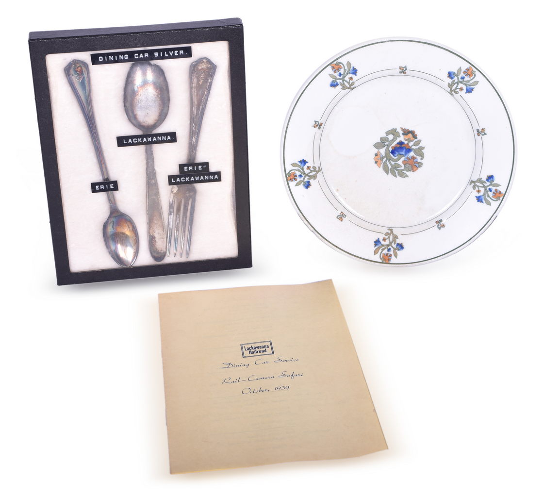 1013 - Five Erie and Lackawanna Railroad Dining Car Items - St. Albans China Plate, Silver Flatware, and Menu thumbnail