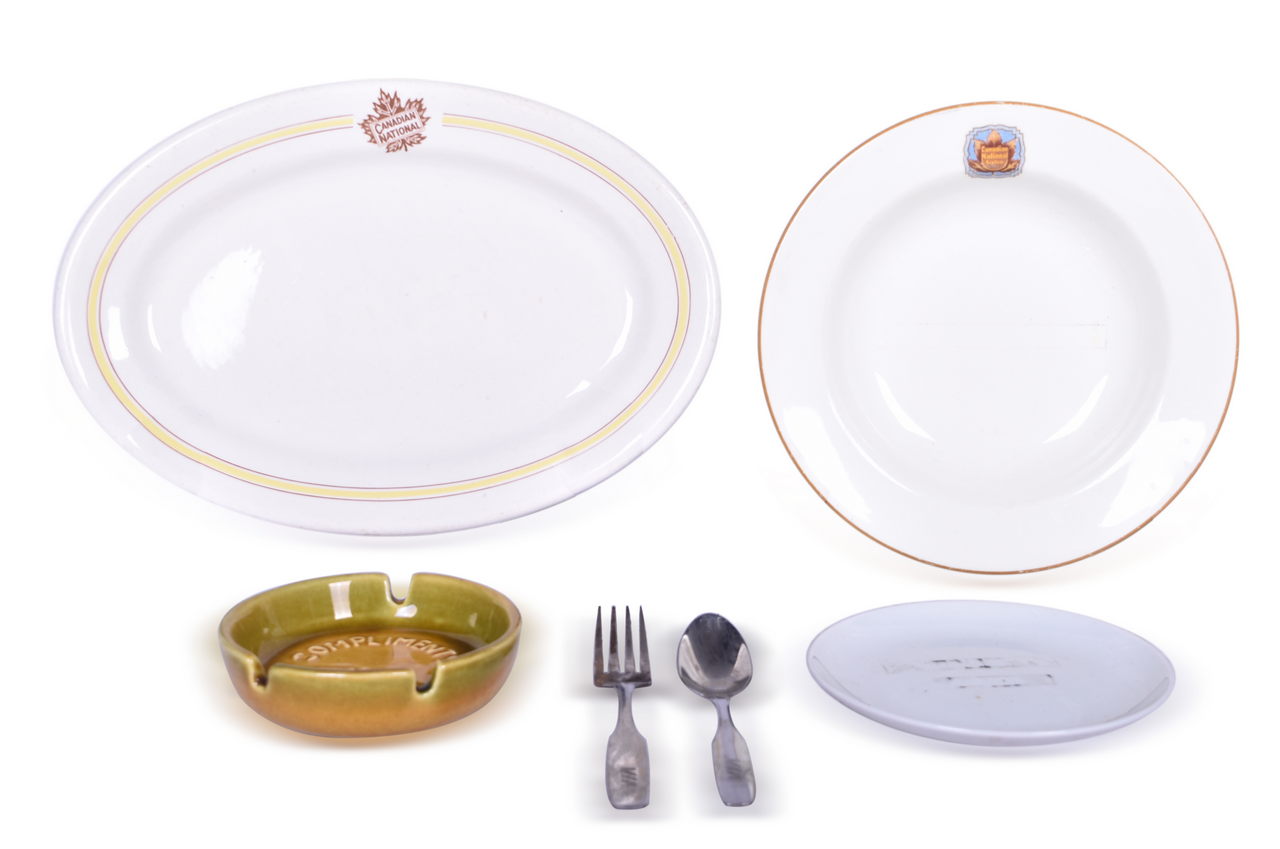 1017 - Six Canadian National Railway and VIA Dining Car Items - China Platter, Bowl, Plate, Flatware, and Ash Tray thumbnail