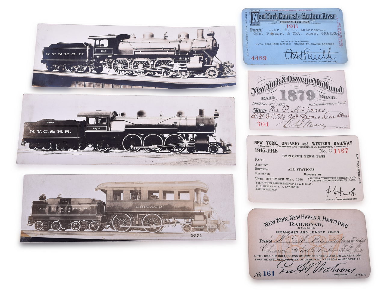 1034 - 7 Early Railroad Passes and Locomotive Photos - New Haven, New York Central, New York, Ontario and Western thumbnail