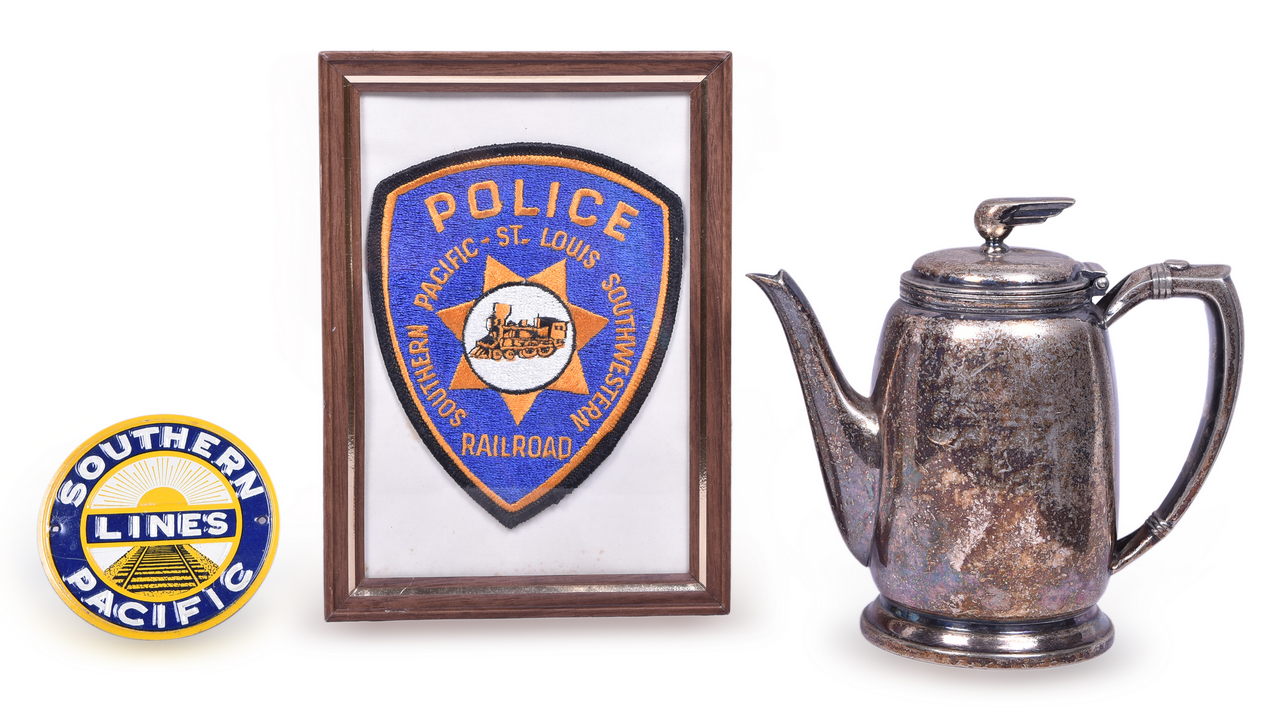 1045 - Three Southern Pacific Railroad Items - Silver Tea Pot, Post Cereal Herald Tin, and Embroidered Police Patch thumbnail