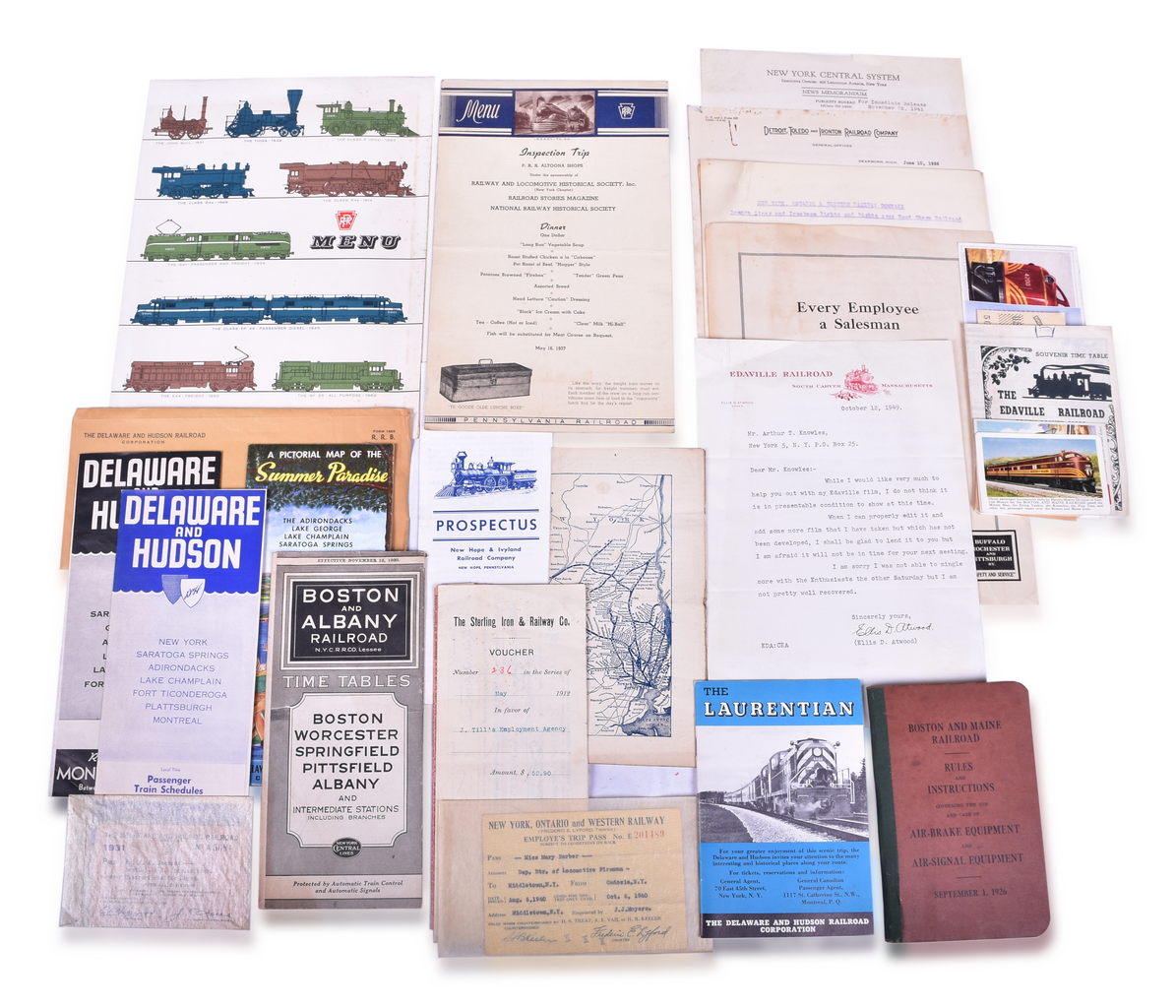 1094 - 22 Peices of Eastern Railroad Ephemera and Paper - Edaville Railroad, Pennsylvania, New York Central, Delaware and Hudson, New York, Ontario and Western, Boston and Maine thumbnail