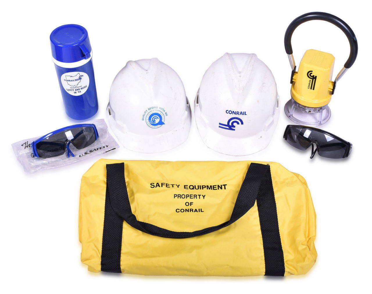 1097 - Seven Conrail Employee Items - Hard Hats, Duffel Bag, Safety Glasses, Trainman Lantern, and Thermos thumbnail