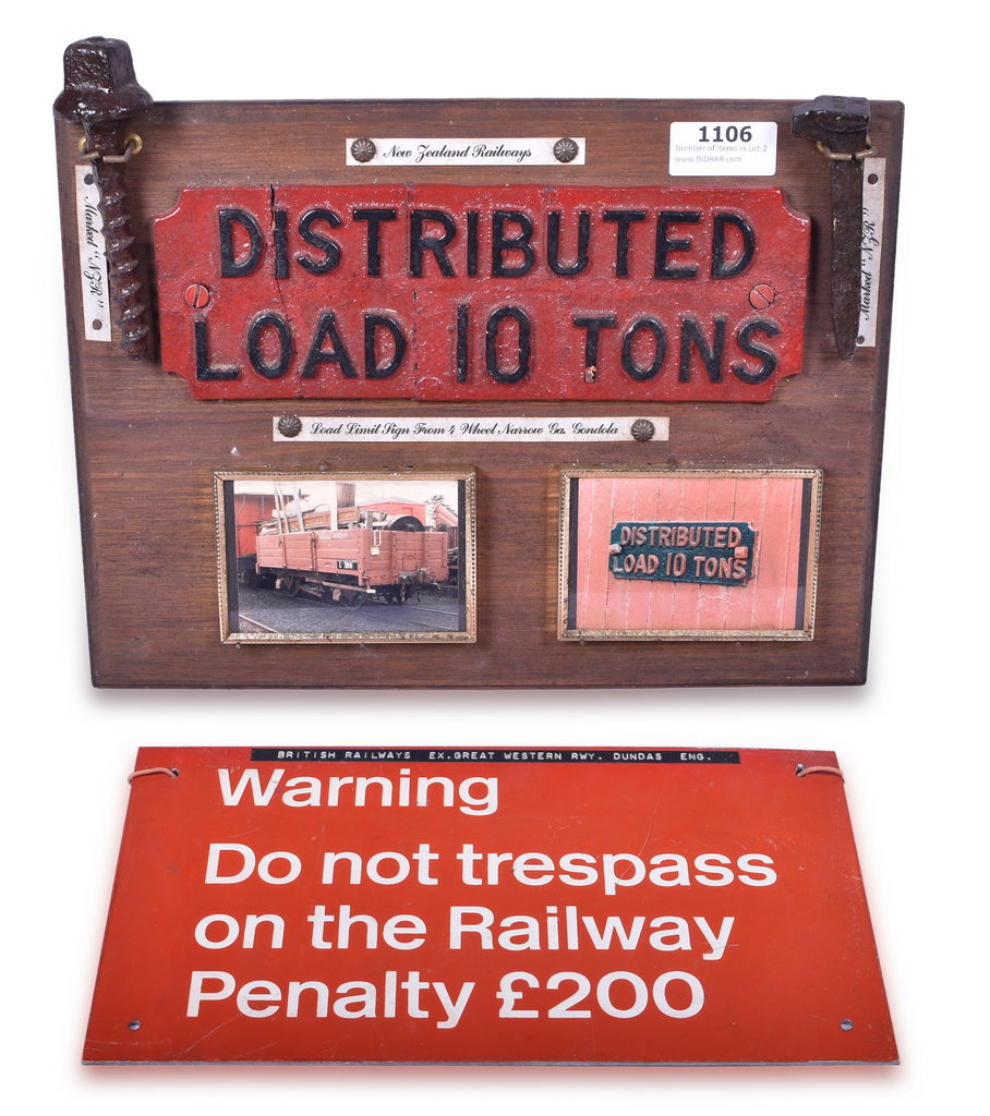 1106 - New Zealand Railway Cast Iron Load Plate and British Railways No Trespassing Sign thumbnail