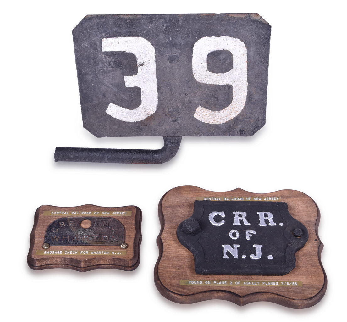 1108 - Central Railroad of New Jersey Wharton Brass Baggage Check, Cast Iron Plate, and NY&OW Bridge / Culvert Marker thumbnail