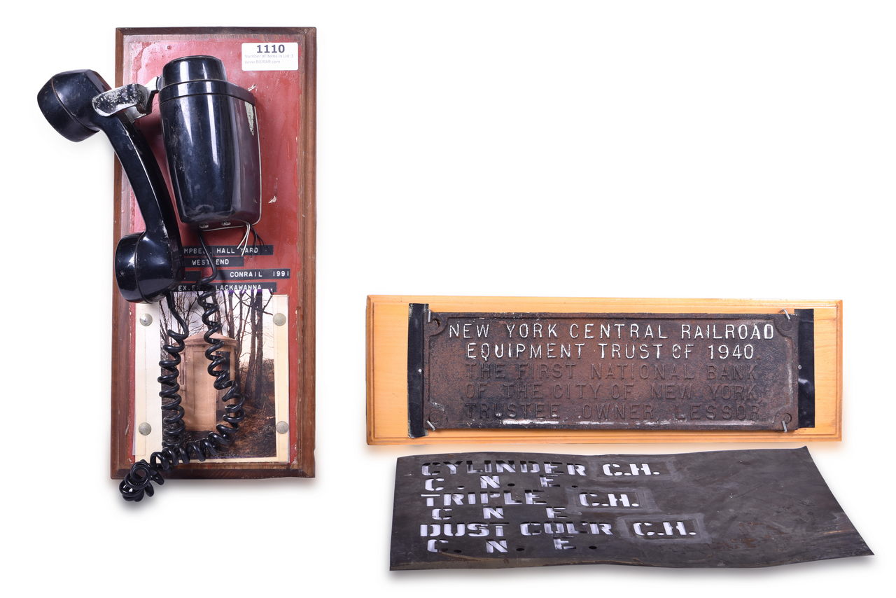 1110 - New York Central Railroad 1940 Trust Plate, Erie Yard Phone, and Brass Cylinder Painting Stencil. thumbnail