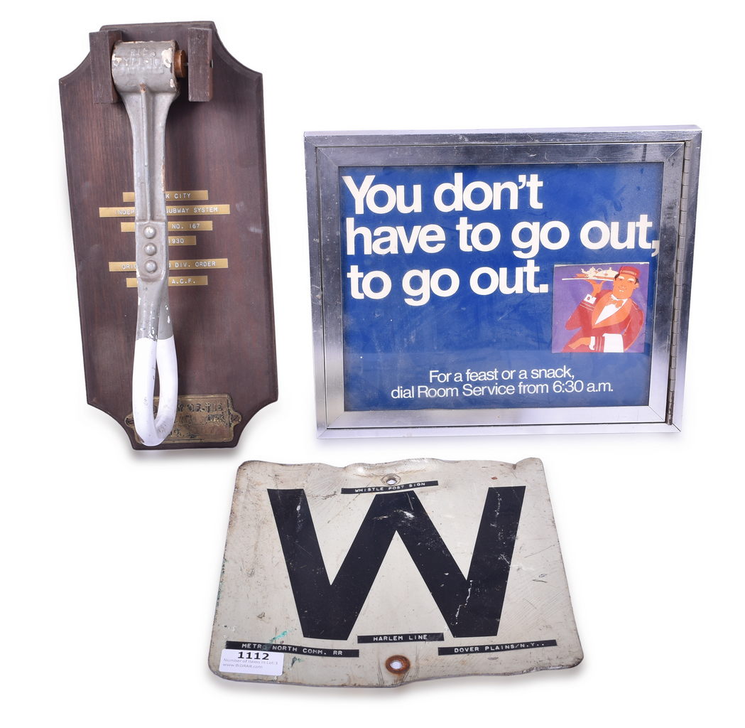 1112 - New York Central Subway Strap Hanger, Cast Property Plate, Metro North Whistle Sign, and Advertising Holder. thumbnail