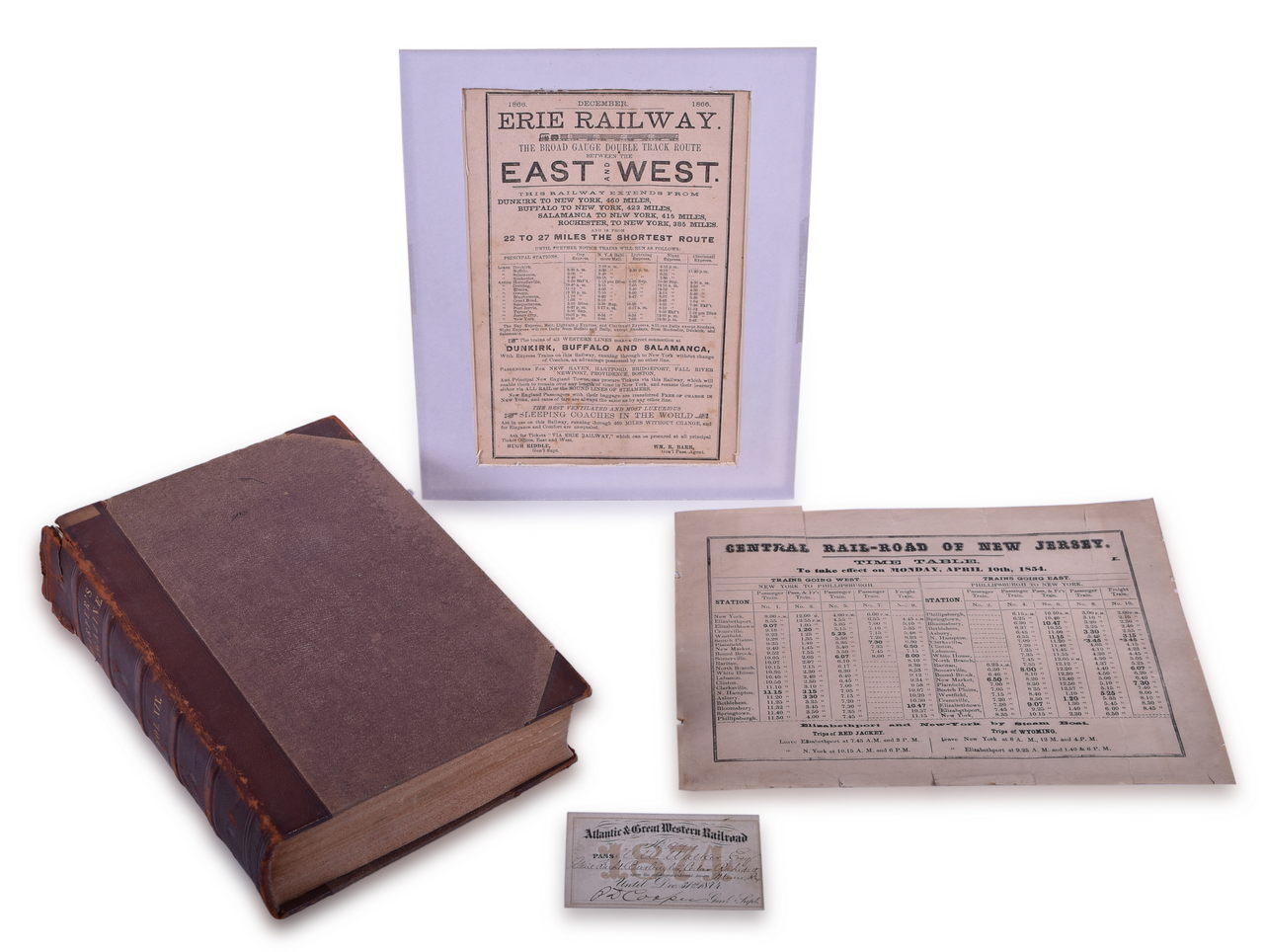 1138 - 1854 Central Railroad of New Jersey Timetable, 1874 Atlantic & Great Western annual pass, Erie, LS&MS, and 1859 Harpers Monthly thumbnail