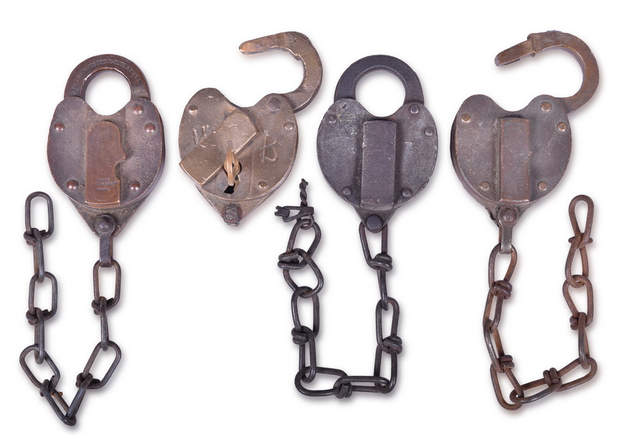 1172 - Four Brass Heart Shaped Locks - Wilson Bohannan , O.M. Edwards, Unmarked thumbnail
