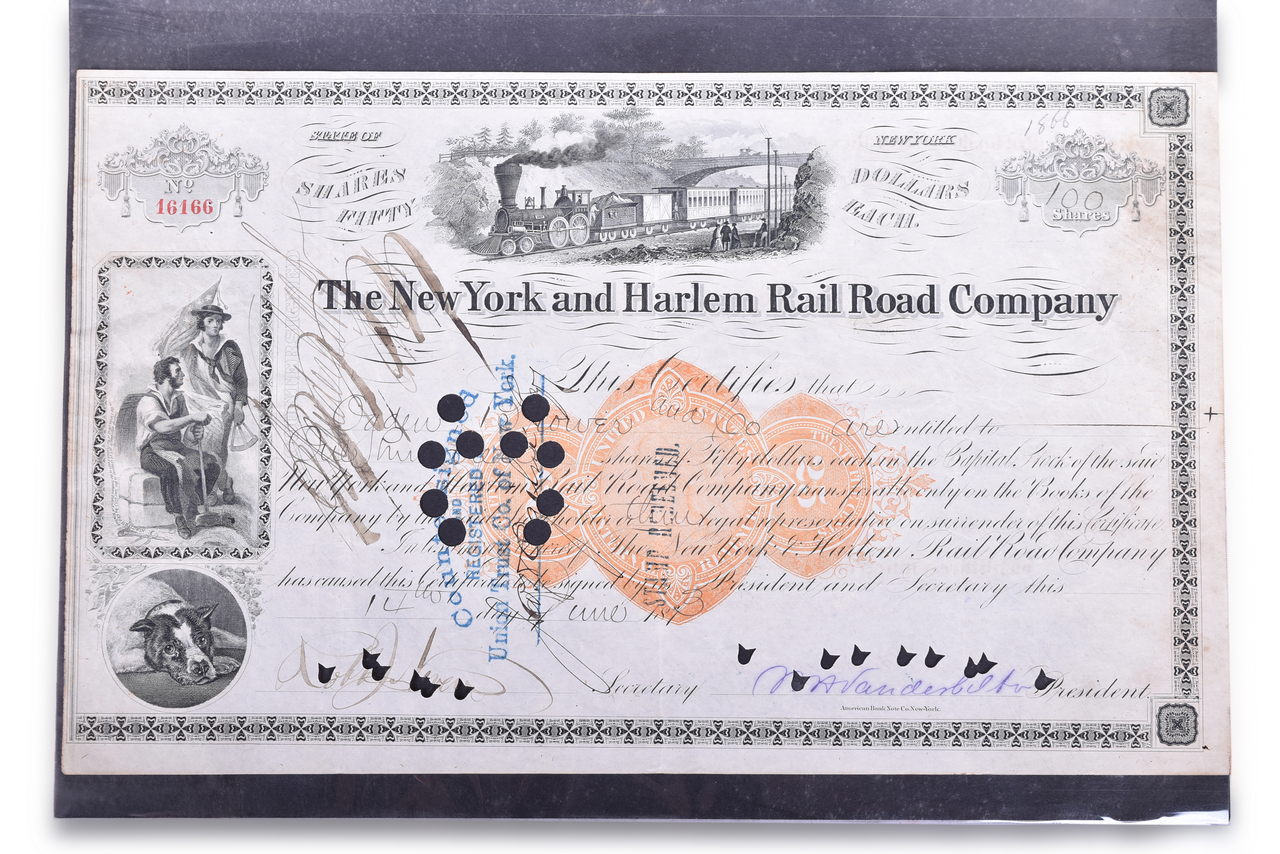 1189 - New York And Harlem Railroad Co. Cancelled Stock Certificate - W.A. Vanderbilt Signed thumbnail
