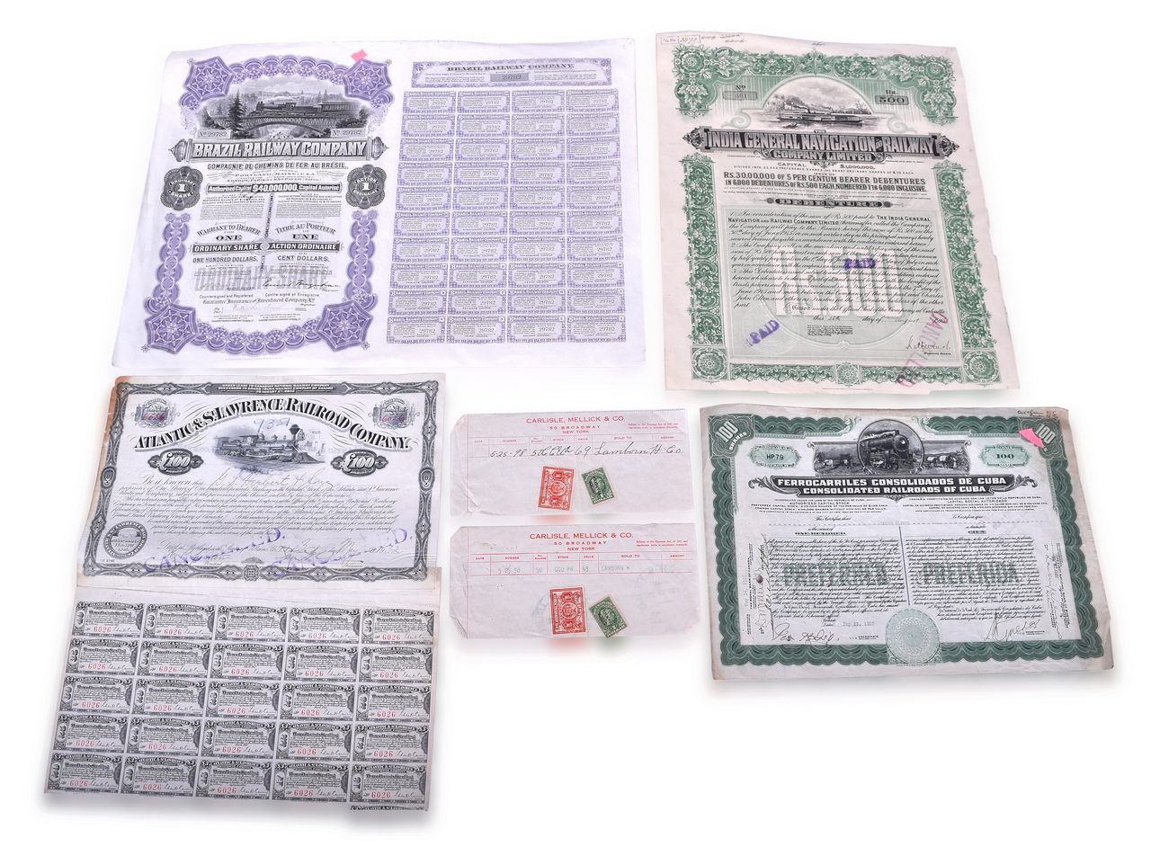 1191 - Six International Railroad Stock Certificates And Receipts - Brazil Railway Co., India General Navigation, Ferrocarriles Consolidados De Cuba, And Atlantic & St. Lawrence thumbnail