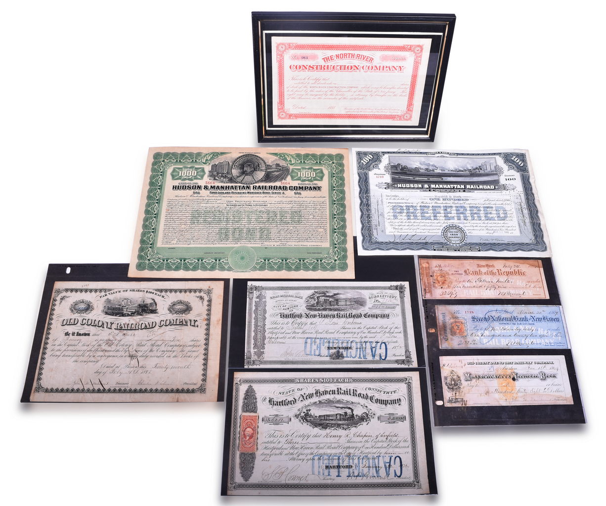 1193 - Fourteen Northeastern Railroad Stock Certificates, Bond, And Checks - Hartford & New Haven, Old Colony, Hudson & Manhattan, And More thumbnail