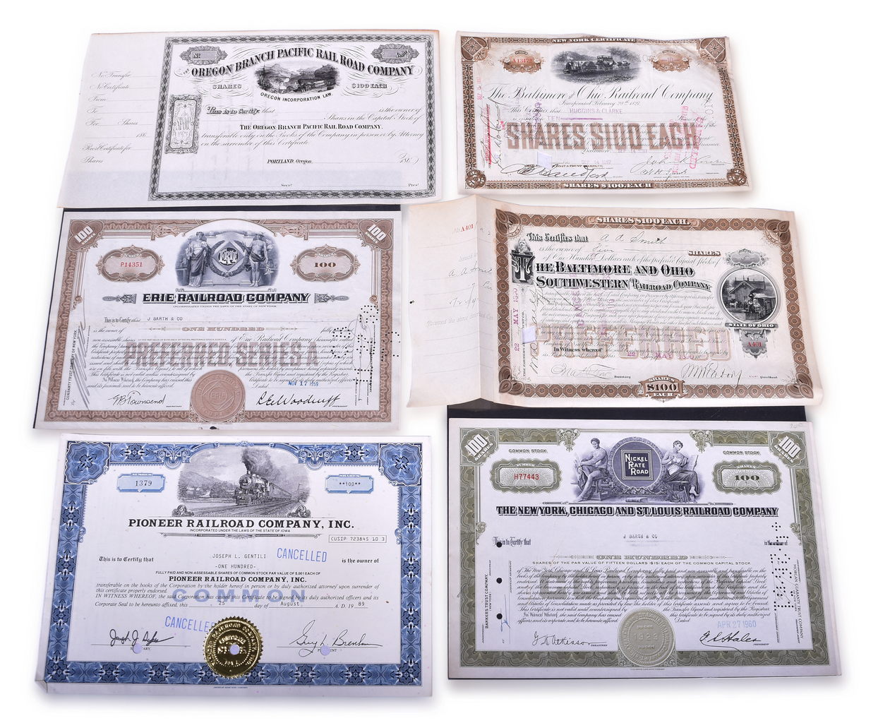 1195 - Six Railroad Stock Certificates - Oregon Branch Pacific, Erie, Nickel Plate Road, Baltimore & Ohio, And Pioneer Railroad thumbnail