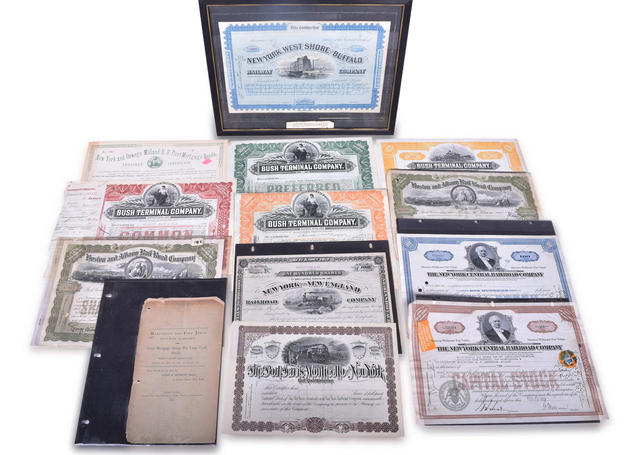 1197 - Fourteen New York Area Railroad Stock Certificates And Bonds - New York & Oswego Midland, Bush Terminal, Boston & Albany, And More thumbnail