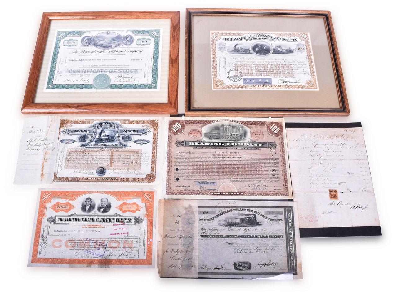1199 - Seven Pennsylvania Area Railroad Stock Certificates And Receipt - Schuylkill & Lehigh Valley, Reading, West Chester & Philadelphia, And More thumbnail