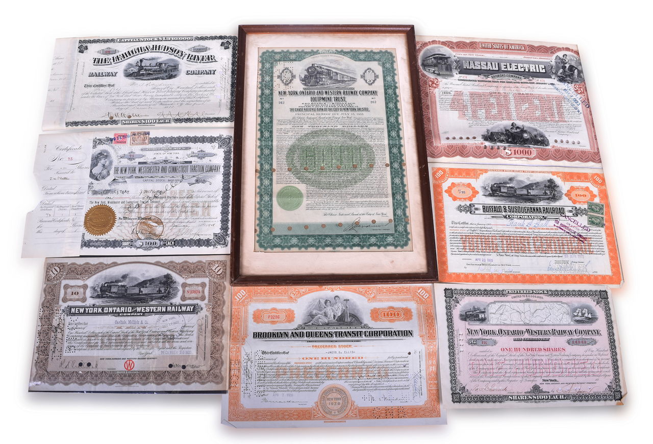 1201 - Eight New York Area Railroad Stock Certificates And Gold Bond - Lehigh & Hudson, New York, Ontario & Western, Buffalo & Susquehanna, And More thumbnail