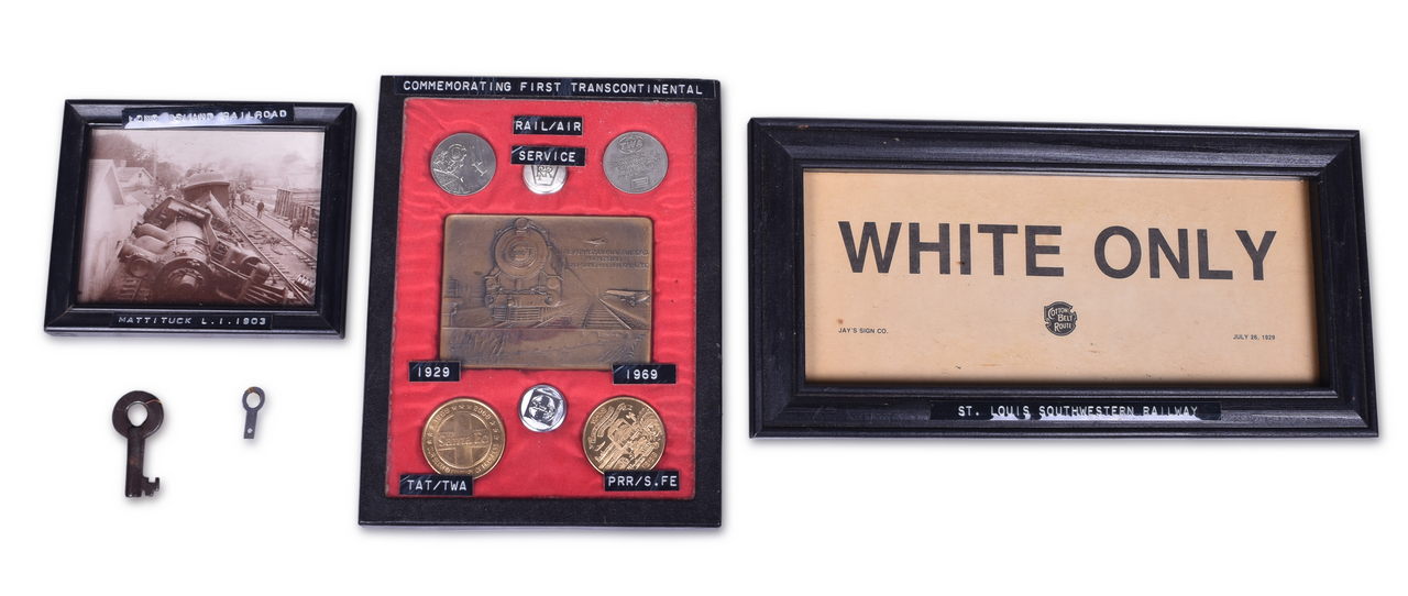 1204 - Mixed Group of Railroad Items - Steel Key, Buttons, Commemorative Coins, Photograph, and Sign thumbnail