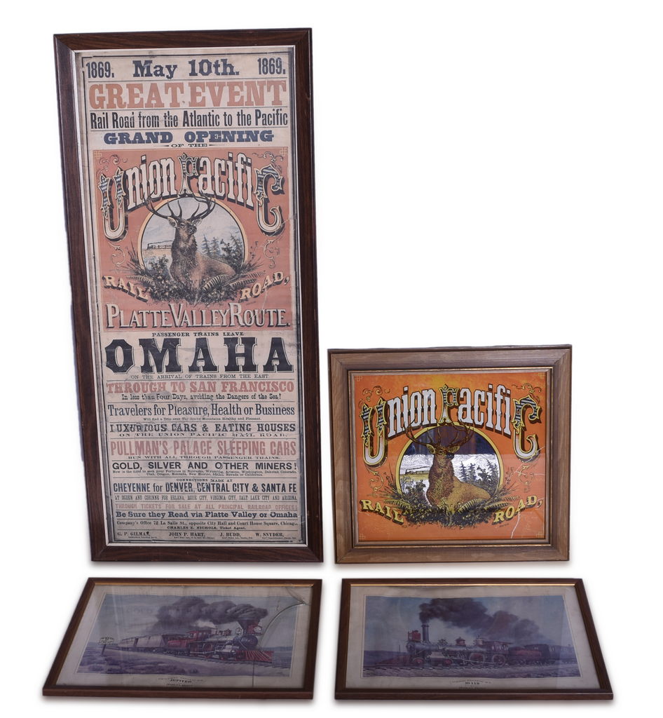 1205 - Four Union Pacific And Central Pacific Railroad Framed Pieces - Platte Valley Route Reproduction Broadsheet, Wall Mirror, And Harlan Hiney Prints thumbnail