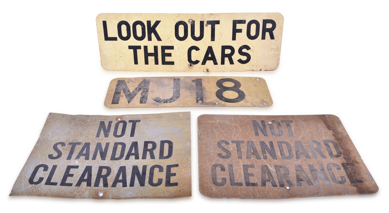 1219 - Four Aluminum Railroad Signs - Look Out For The Cars, Not Standard Clearance, And Mile Post MJ18 thumbnail