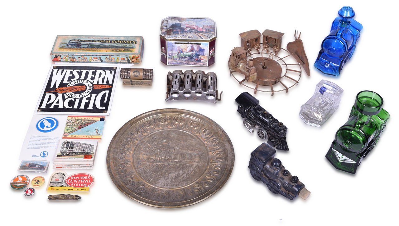 1228 - Mixed Group of Thirty-One Railroad Items - Western Pacific Sign, Dominoes Set, Coin Changer, Bottles, Buttons, and More thumbnail