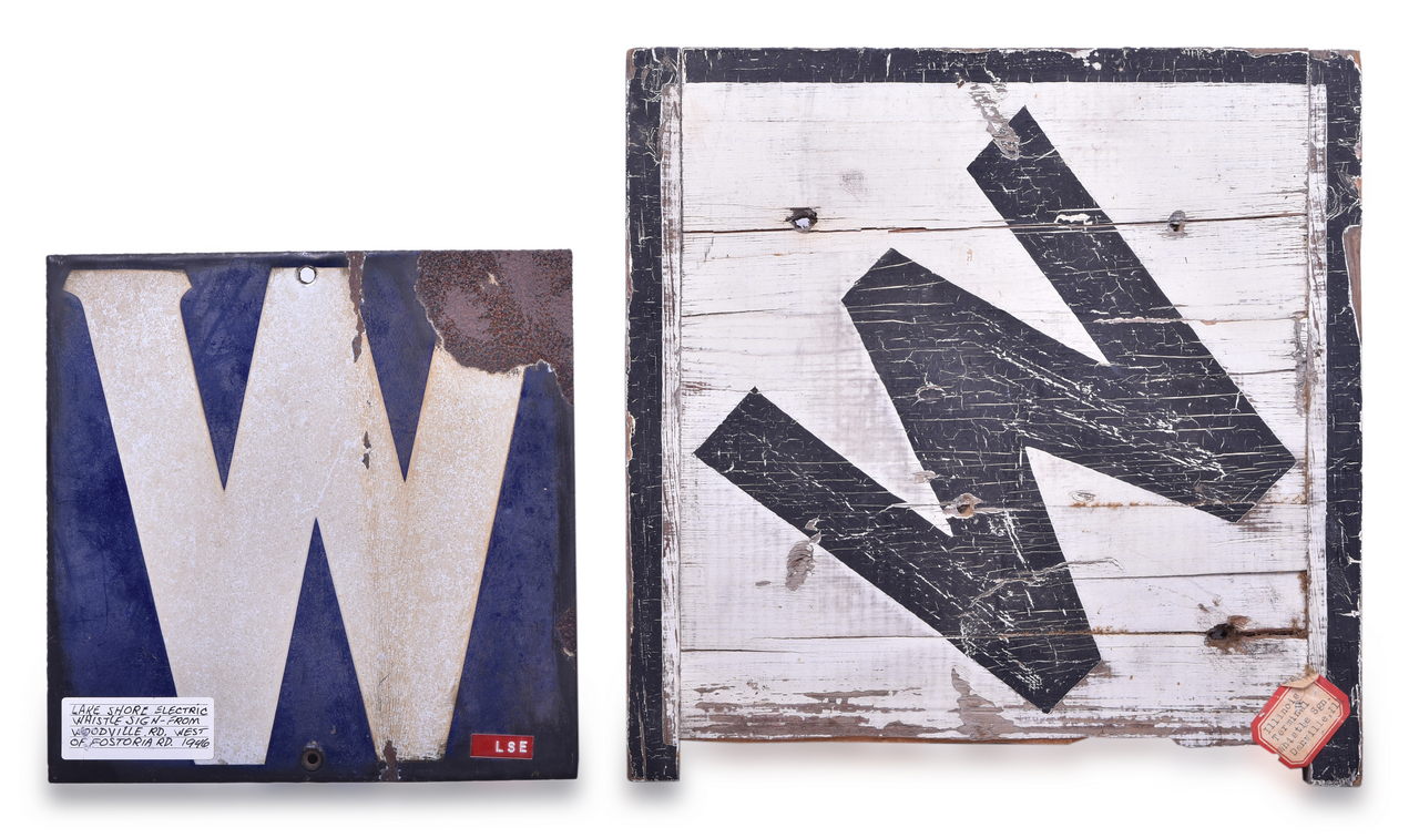1236 - Pair of Whistle Signs - Single Sided Porcelain Lake Shore Electric Railway Sign and Illinois Terminal Wooden Sign thumbnail