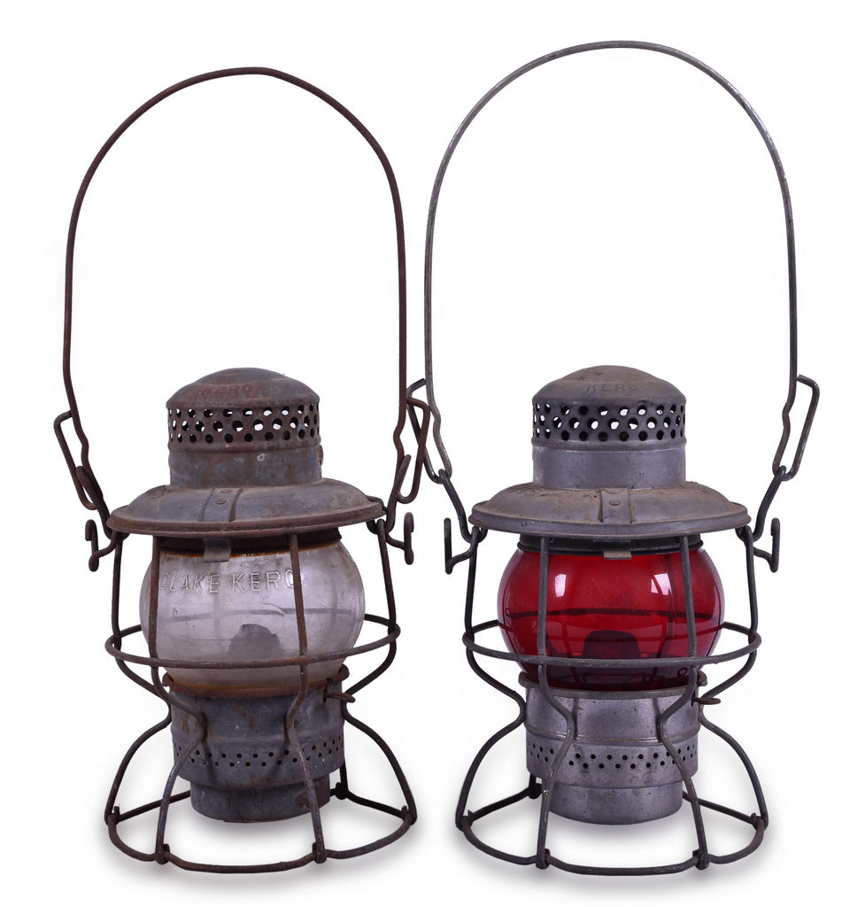 1242 - Pair of Adlake Kero New York Central Lanterns w/ Kopp Red Globe and Corning Clear Globe thumbnail