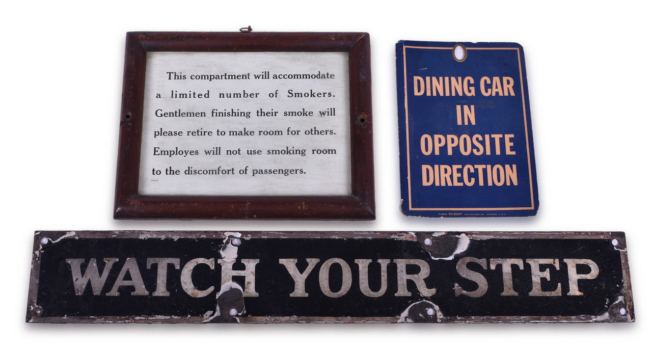 1243 - Three Railroad Passenger Car Signs - Porcelain Watch Your Step, Pullman Dining Car, and Smokers Compartment thumbnail