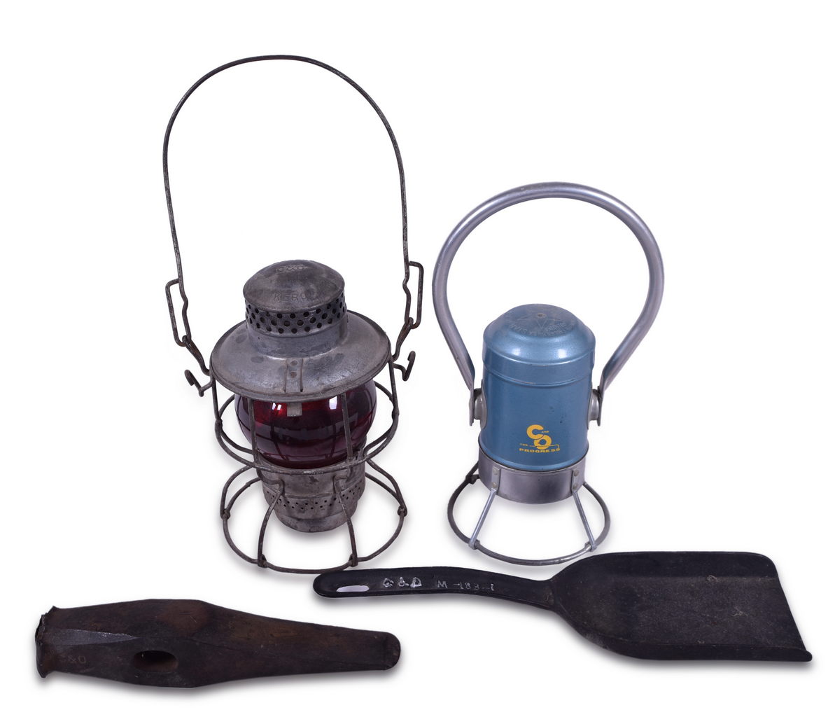 1246 - Two Chesapeake & Ohio Railroad Lanterns, Coal Shovel, and Spike Driver thumbnail