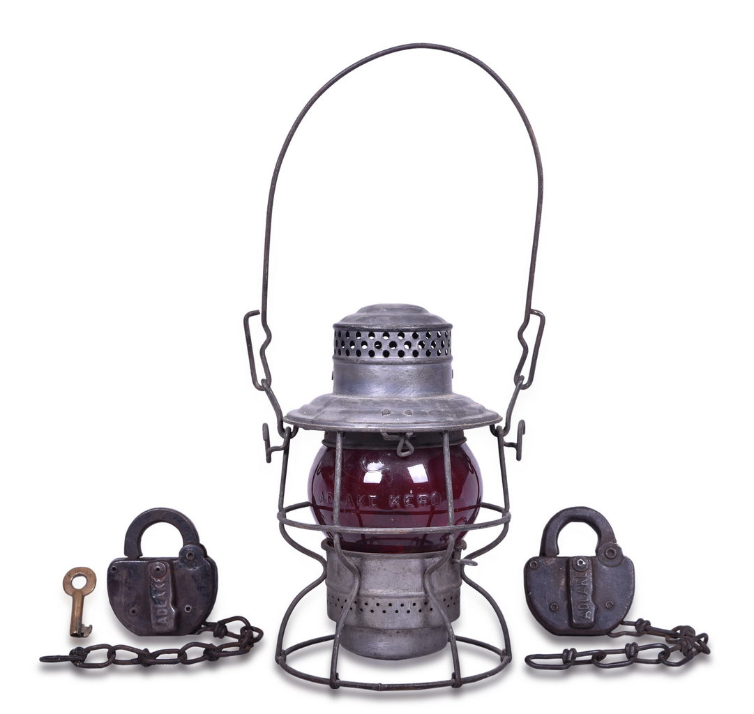 1256 - Group of Pere Marquette Railroad Items - Adams & Westlake Lantern w/ Short Red Globe, Adlake Switch Locks, and Brass Key thumbnail