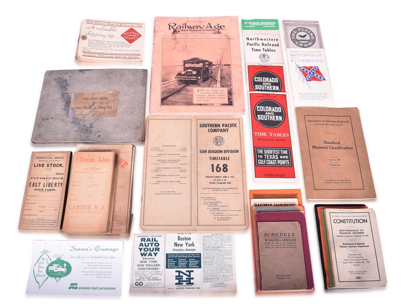 1267 - Mixed Group of Railroad Paper - Live Stock Cards, Public Timetables, Rule Books, Log Book, REA Tags, and More thumbnail