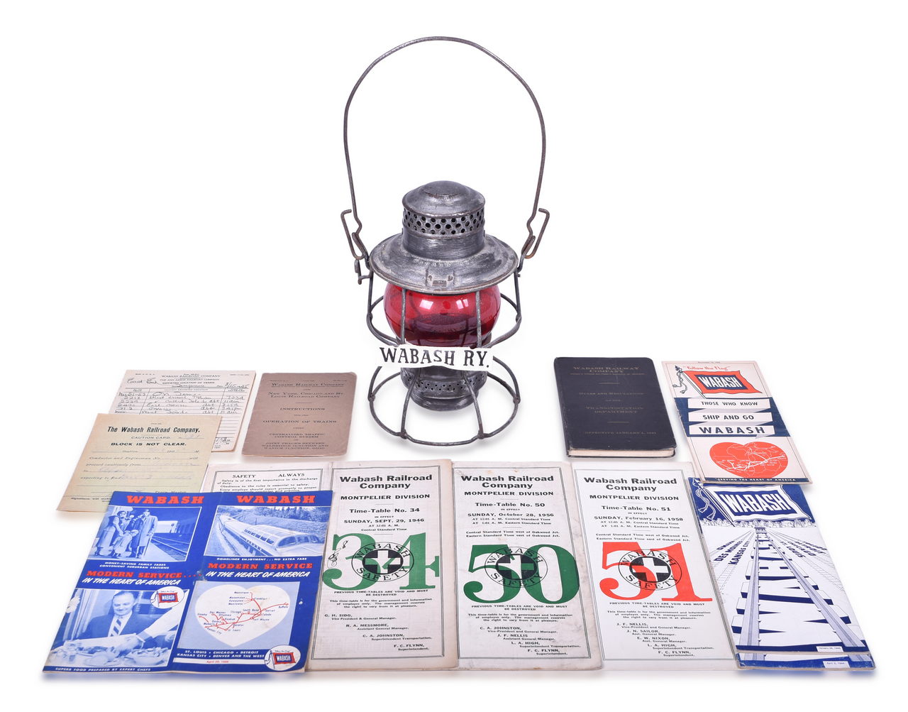 1269 - Mixed Group of Wabash Railroad Items - Adlake Kero Red Globe Lantern, Timetables, and Employee Papers thumbnail