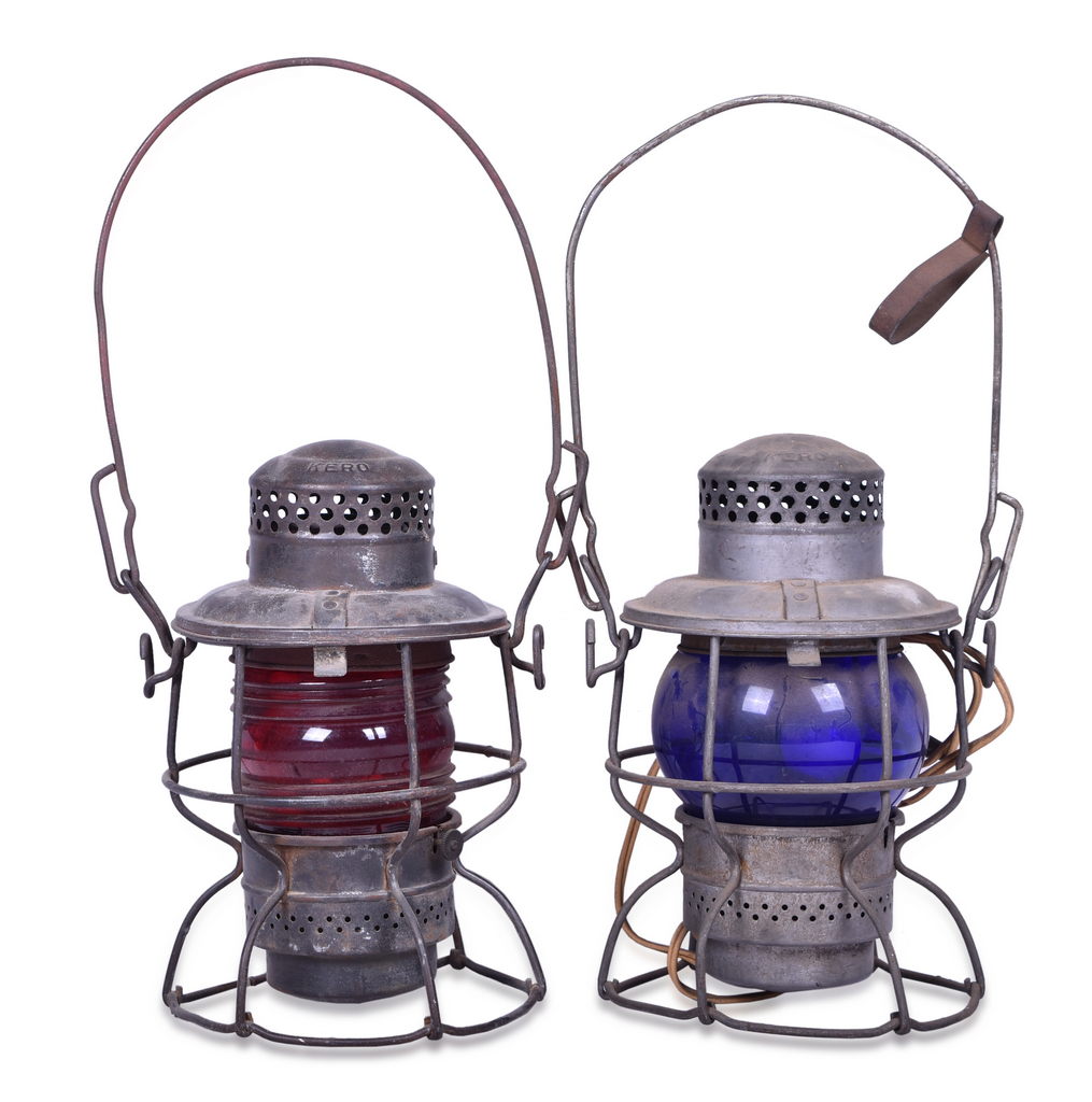 1275 - Adlake Pennsylvania Railroad Kero Lantern w/ Blue Globe and Unmarked Adlake Kero w/ Red Fresnel Globe thumbnail