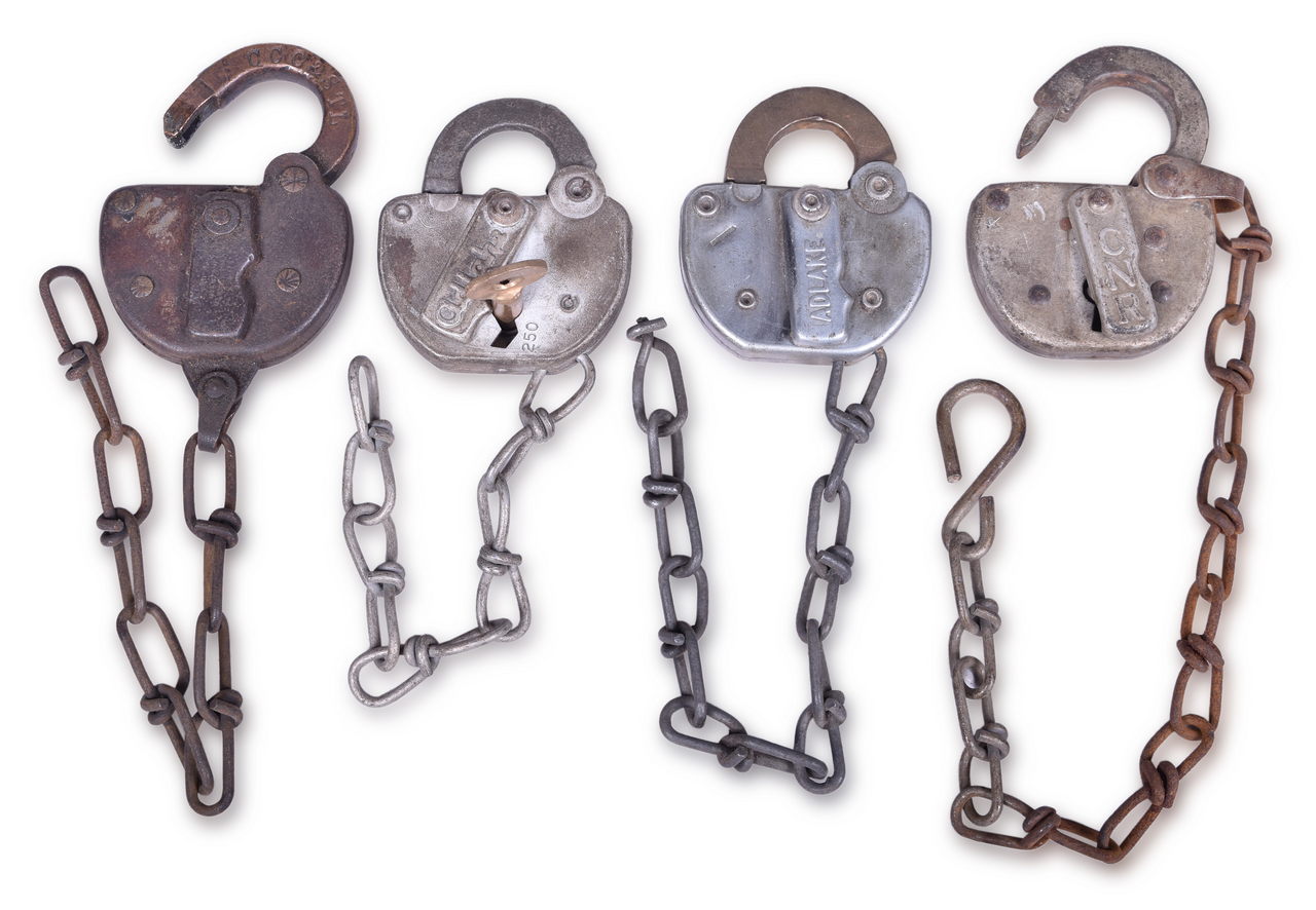1282 - Four Steel Railroad Locks & Brass Key - Chicago Aurora and Elgin, Canadian National, Big Four, and Santa Fe thumbnail