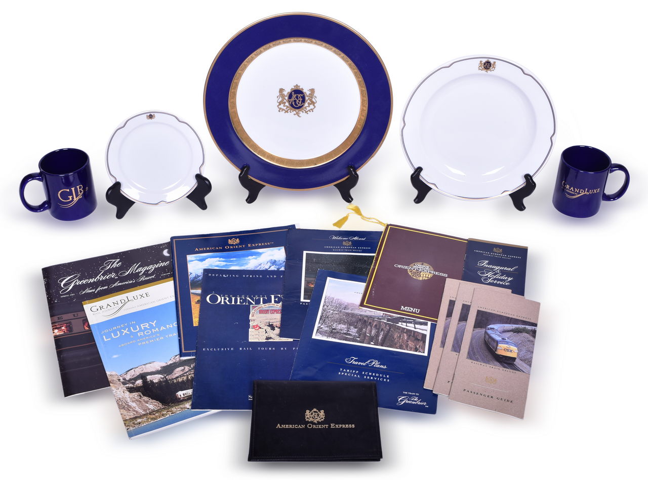 1286 - Large Group of American Orient, American European, and Venice Simplon Orient Express Railway Items - China, Playing Cards, Menus, Itinerary Packet, Cloth Bag, and More thumbnail