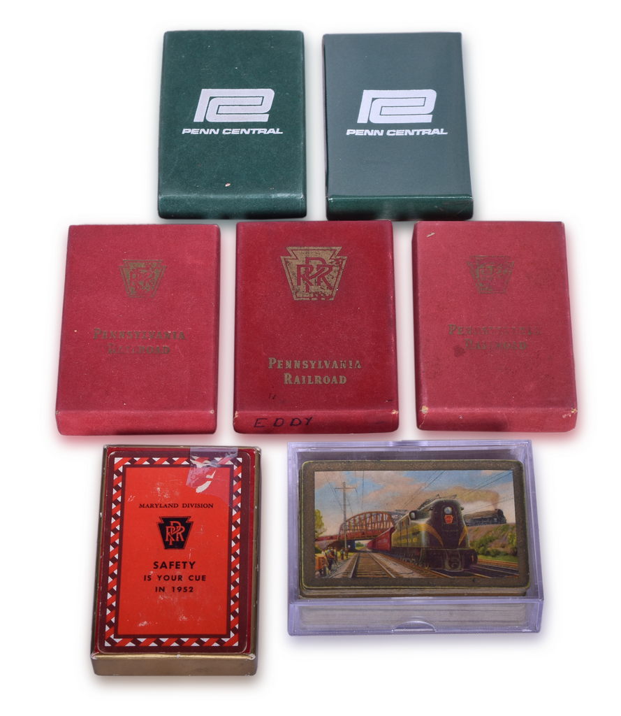 1297 - Seven Pennsylvania and Penn Central Railroad Playing Card Decks - 1950s Horseshoe Bend, Two Trains, Three Trains, and Safety thumbnail