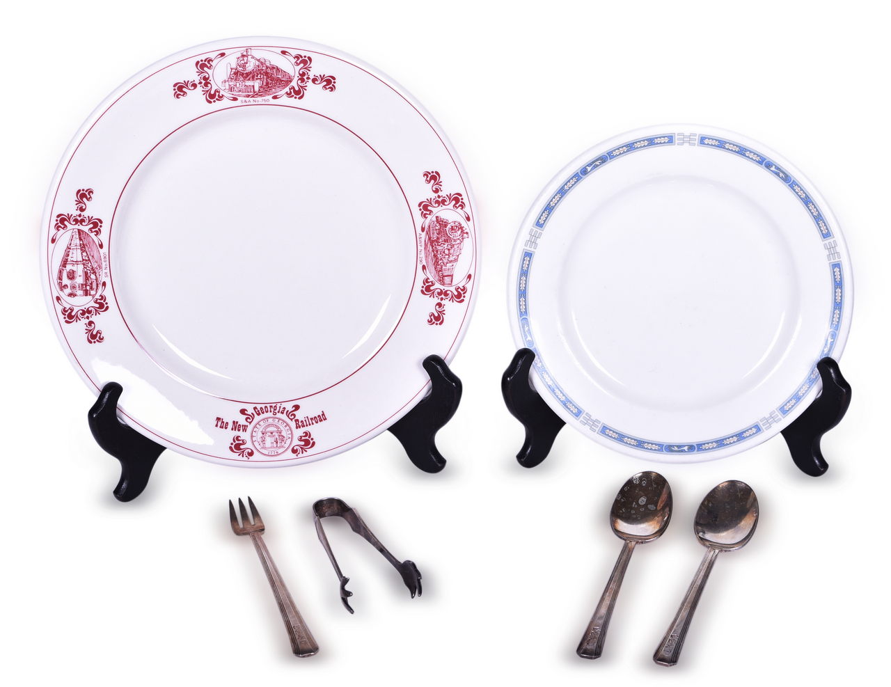 1409 - Six Pieces of Railroad Silver and China - Southern Railway Tongs, GM&O Flatware, Florida Each Coast Mistic Plate, and New Georgia Railroad Plate thumbnail