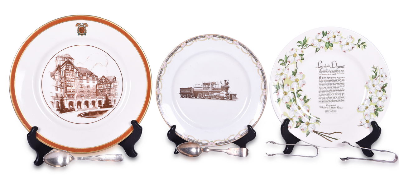 1413 - Seven Pieces of Northeastern Railroad China and Silver - Norfolk & Western Hotel Roanoke Plates, New Haven Sugar Tongs, and More thumbnail