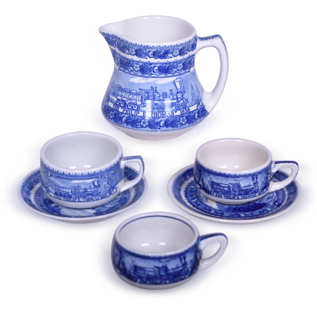 1415 - Six Pieces of Baltimore & Ohio Railroad Centenary China - Cream Pitcher, Coffee Cups, and Saucers thumbnail