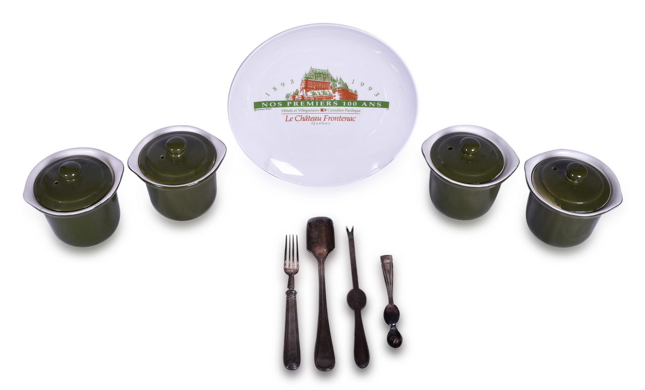 1433 - Nine Pieces of Canadian Pacific Railroad China and Silver - Hall Verde Bean Pots, Le Chateau Frontenac Plate, and Flatware thumbnail
