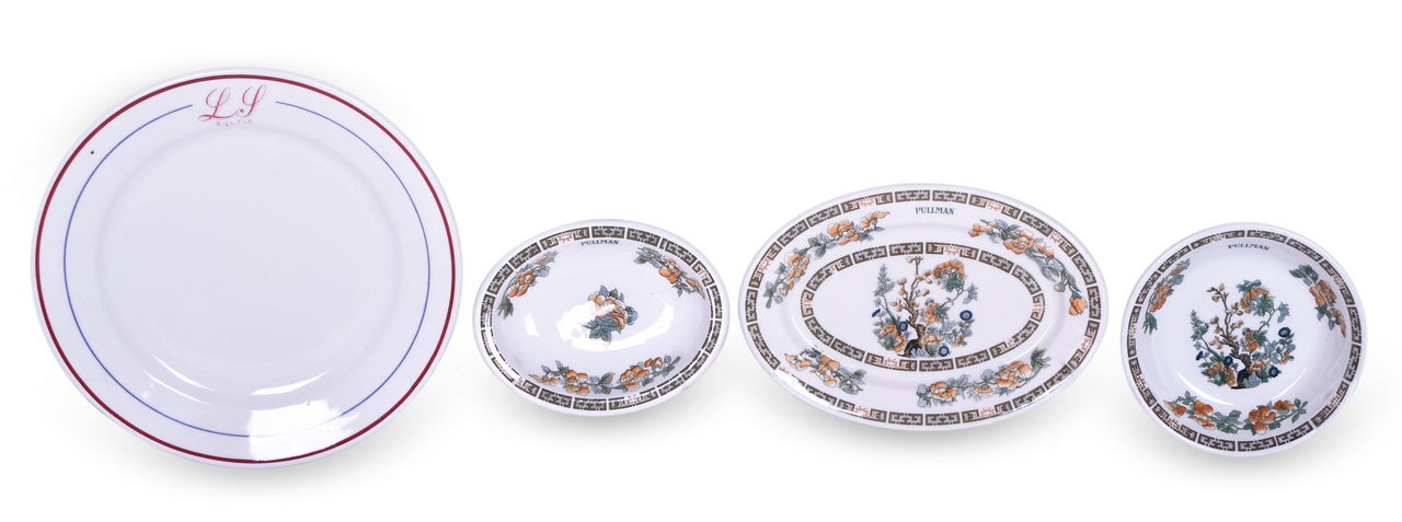 1517 - Pullman Railroad China Indian Tree Bakers Dish, Oval Platter, Sauce Dish and B of LF&E Dinner Plate thumbnail