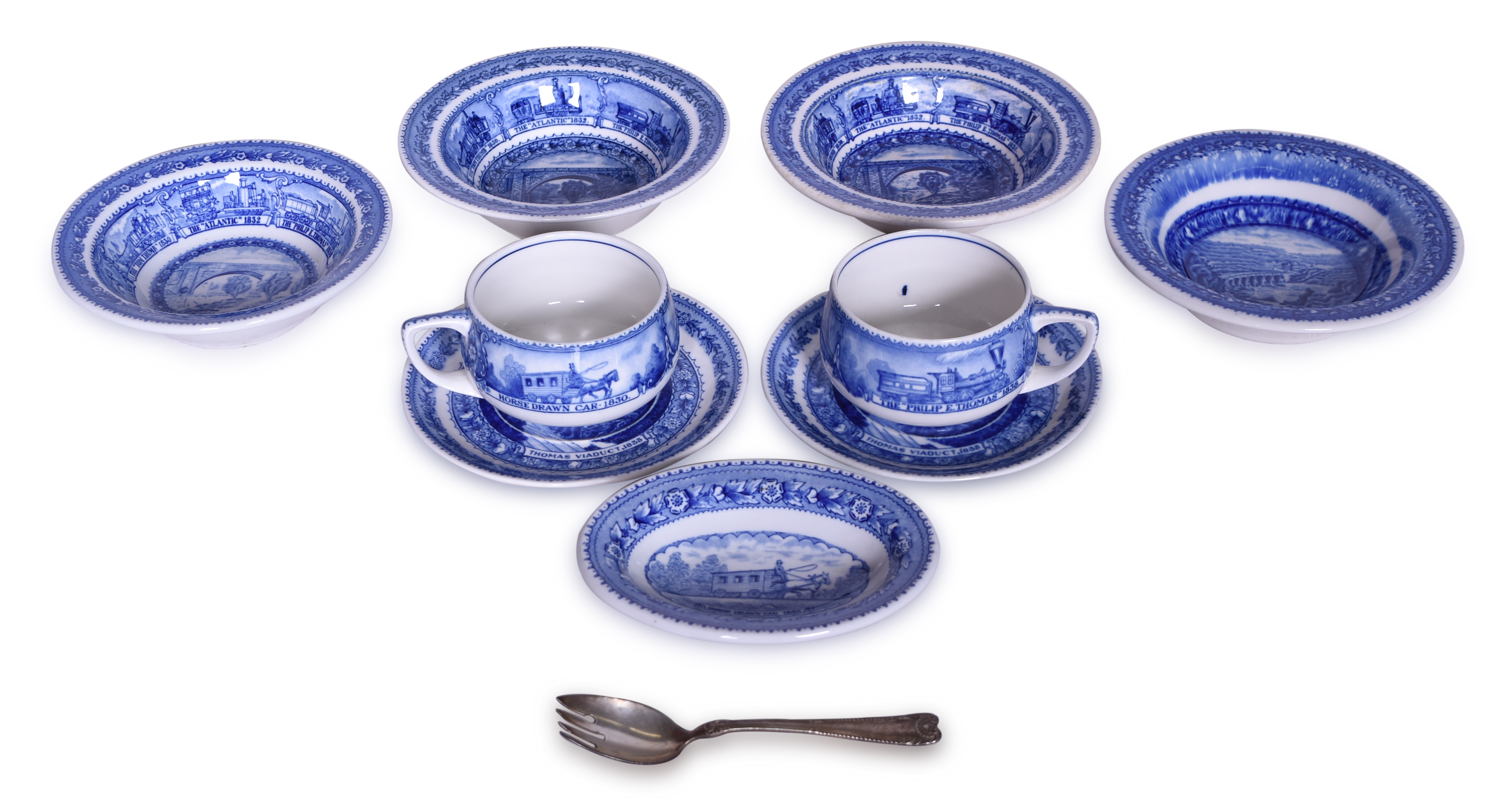 1537 - Ten Pieces of Baltimore & Ohio Railroad Centenary China and Silver - Coffee Cups, Saucers, Cereal Bowls, Oval Dish, and Spork thumbnail