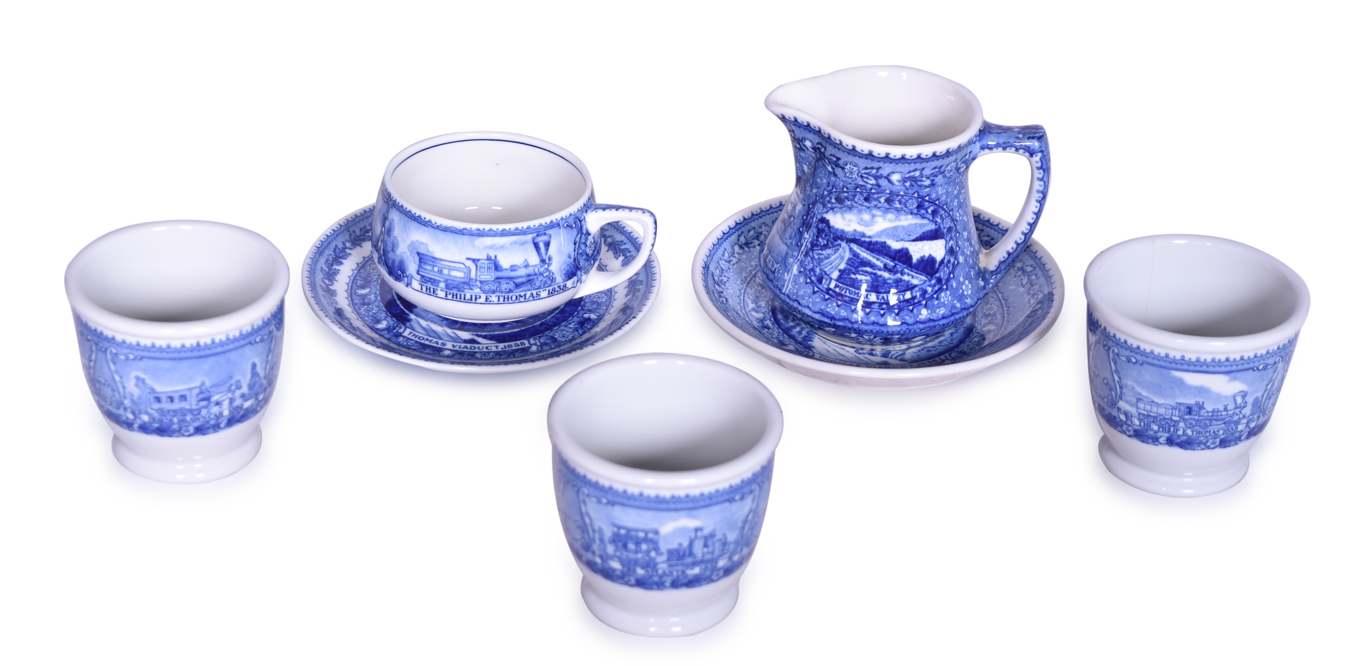 1543 - Seven Pieces of Baltimore & Ohio Railroad Centenary China - Blue Line Coffee Cup, Creamer Pitcher, Saucers, and Double Egg Cups thumbnail