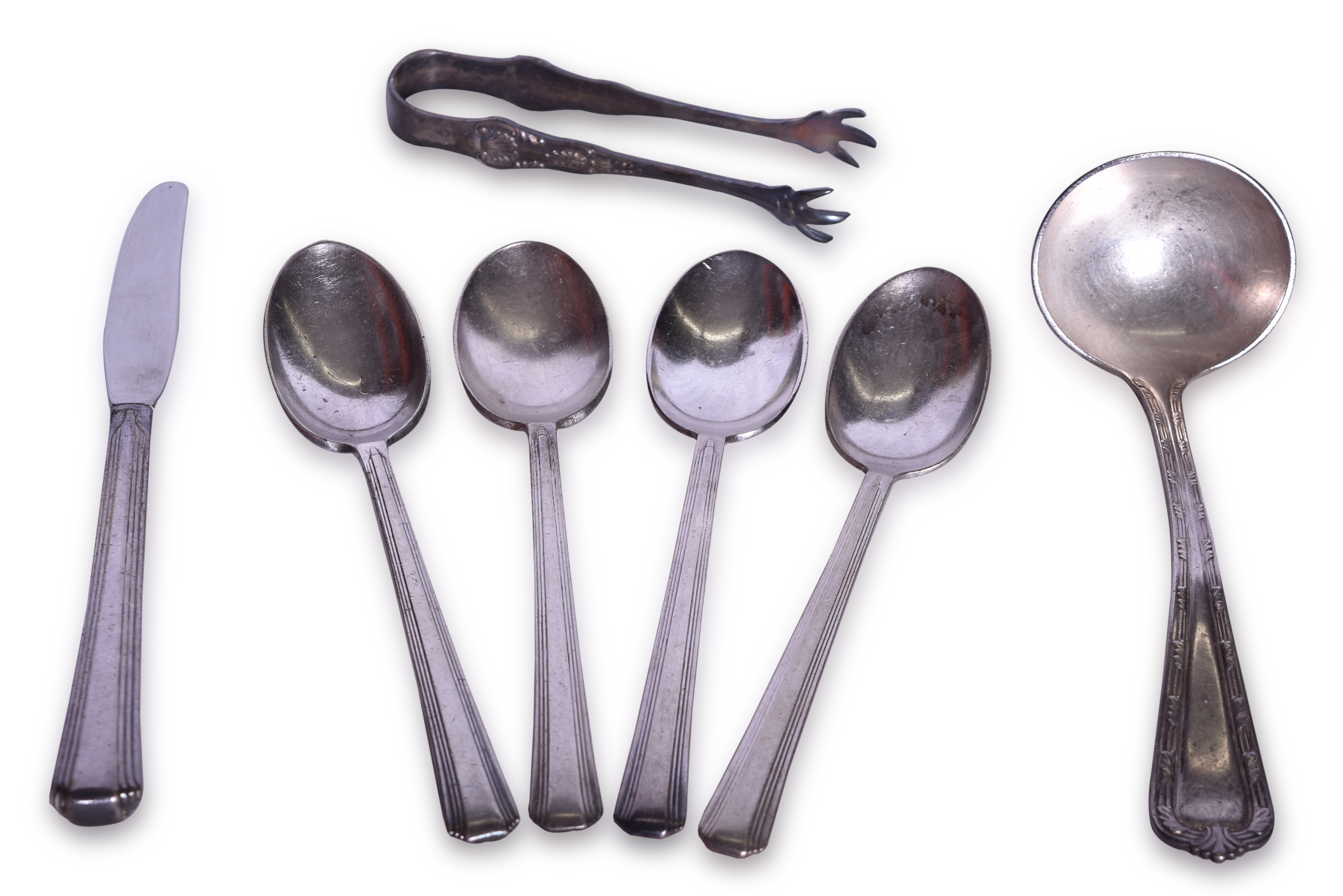 1545 - Seven Pieces of Kansas City Southern and Canadian Pacific Railroad Dining Car Flatware - Sussex Ladle, Sugar Tongs, and Broadway Spoons and Knife thumbnail